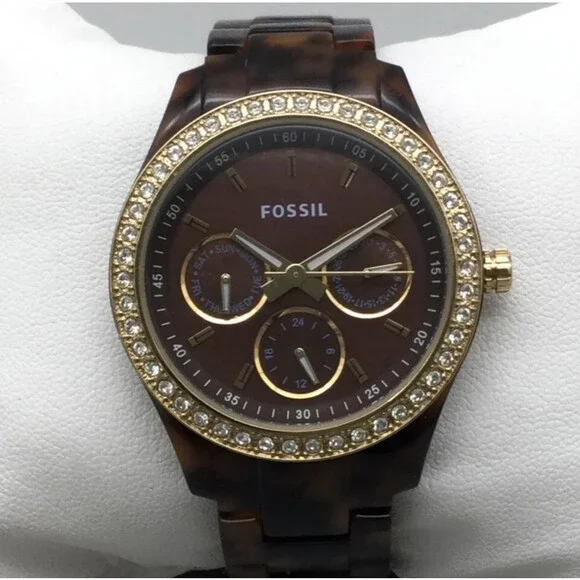 Fossil Faux Tortoise Crystal Bezel Watch with New Battery Black Dial Womens Fossil Women Resin Band Wristwatches for sale | eBay main image 3